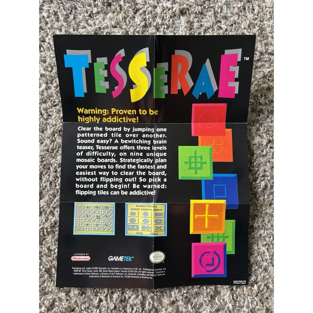 Vintage Nintendo Gameboy TESSERAE USA Foldout Poster Insert GBA Art